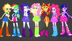 Size: 480x270 | Tagged: artist needed, source needed, safe, derpibooru import, applejack, fluttershy, pinkie pie, rainbow dash, rarity, sunset shimmer, twilight sparkle, equestria girls, belt, boots, clothes, cowboy boots, cowboy hat, fall formal outfits, gray background, hat, high heel boots, humane five, humane seven, humane six, jacket, ponied up, shirt, shoes, simple background, skirt, socks, vest