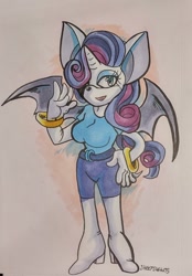 Size: 708x1020 | Tagged: safe, artist:sheepshekets, derpibooru import, rarity, anthro, bat pony, bat ponified, belt, boots, breasts, clothes, denim, hair over one eye, hand on hip, high heel boots, jeans, mobian, pants, race swap, raribat, raritits, shirt, shoes, sonic the hedgehog (series), sonicified, spread wings, traditional art, wings