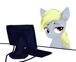 Size: 1605x1315 | Tagged: safe, artist:some_ponu, derpibooru import, derpy hooves, pegasus, pony, computer, female, keyboard, looking at you, mare, monitor, sad, simple background, solo, teary eyes, white background