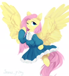 Size: 1859x2048 | Tagged: safe, artist:some_ponu, derpibooru import, fluttershy, pegasus, pony, clothes, cute, dress, female, grin, looking at you, mare, one eye closed, shyabetes, simple background, smiling, solo, spread wings, white background, wings, wink