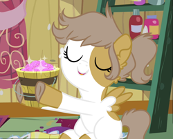 Size: 846x681 | Tagged: safe, artist:fuckomcfuck, derpibooru import, edit, edited screencap, screencap, oc, oc only, oc:scribbles, pegasus, pony, hearts and hooves day (episode), bucket, character swap, coat markings, female, filly, foal, glitter, ladder, offspring, parent:oc:doodles, parent:oc:rat, parents:oc x oc, pinto, sitting, solo, spread wings, wings