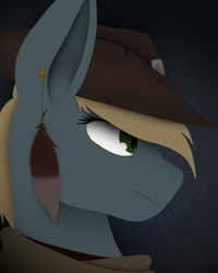 Size: 1080x1350 | Tagged: safe, artist:tiviyl, derpibooru import, oc, bat pony, pony, clothes, cowboy hat, feather, hat, piercing, rain, side view, simple background, solo