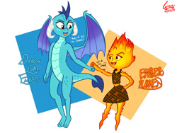 Size: 1032x774 | Tagged: safe, artist:gregory-the-griffon, derpibooru import, princess ember, dragon, dialogue, disney, elemental (pixar), ember lumen, fire, fist bump, looking at each other, looking at someone, namesake, open mouth, open smile, pun, smiling, visual pun