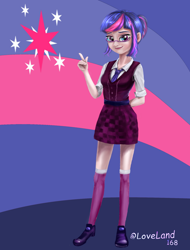 Size: 828x1089 | Tagged: safe, artist:loveland168, derpibooru import, sci-twi, twilight sparkle, equestria girls, abstract background, clothes, shoes, socks, solo