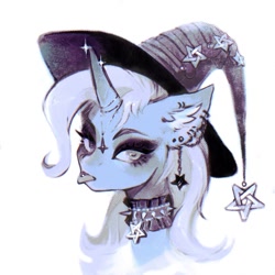 Size: 2000x2000 | Tagged: safe, artist:dearmary, derpibooru import, trixie, pony, unicorn, choker, clothes, ear fluff, ears, eyeshadow, goth, hat, horn, horn jewelry, jewelry, looking at you, makeup, piercing, raspberry, solo, sparkles, spiked choker, tongue, tongue out, tongue piercing, trixie's hat, witch hat