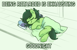 Size: 677x444 | Tagged: safe, artist:plunger, twibooru import, oc, oc only, oc:anon filly, pony, /mlp/, 4chan, 4chan cup scarf, blanket, caption, eyes closed, female, filly, foal, image macro, lying down, on side, sleeping, solo, text, underhoof