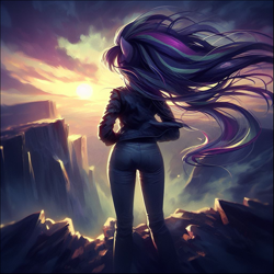 Size: 1027x1027 | Tagged: safe, ai content, derpibooru import, generator:bing image creator, machine learning generated, starlight glimmer, anthro, human, equestria girls, ass, butt, canyon, cliff, clothes, cloud, denim, dramatic lighting, dramatic pose, humanized, jacket, jeans, leather, leather jacket, lighting, nature, outdoors, overcast, pants, plot, prompter:evergreen, scenery, sexy, sunset, windswept hair, windswept mane