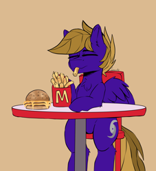 Size: 3174x3500 | Tagged: safe, artist:cozziesart, derpibooru import, oc, oc:wing front, pegasus, brown mane, brown tail, burger, cute, eating, food, french fries, hurricane, male, mcdonald's, nom, pegasus oc, purple fur, simple background, table, tail