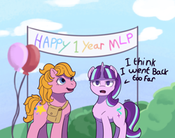 Size: 6250x4961 | Tagged: safe, artist:morrigun, derpibooru exclusive, derpibooru import, starlight (g1), starlight glimmer, earth pony, pony, unicorn, g1, g4, my little pony tales, anachronism, annoyed, bag, balloon, banner, duo, eyes open, female, looking at you, mare, mlp fim's thirteenth anniversary, open mouth, s5 starlight, signature, smiling, standing, text, time travel