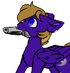 Size: 313x327 | Tagged: safe, artist:fluffyghost, derpibooru import, oc, oc only, oc:wing front, pegasus, animated, blue eyes, brown mane, gif, gun, meme, pegasus oc, purple fur, self-defense, shaking, silly, simple background, solo, transparent background, weapon, wings