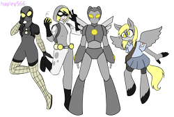 Size: 3264x2189 | Tagged: safe, artist:hayley566, derpibooru import, derpy hooves, oc, oc only, oc:bubble bomber, oc:iron pegasus, oc:muffins the pegasus, oc:silver spider, anthro, human, pegasus, :p, alternate hairstyle, armor, bag, belt, boots, clothes, commission, compression shorts, crossover, female, gloves, grenade, helmet, hoodie, iron man, marvel, mask, non-mlp oc, shirt, shoes, simple background, skirt, sonic the hedgehog (series), sonicified, spider-man, spider-sona, superhero, supervillain, tongue, tongue out, transparent background