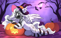 Size: 3489x2160 | Tagged: safe, alternate version, artist:airiniblock, derpibooru import, oc, oc only, bat, pegasus, pony, belly, clothes, commission, ear fluff, ears, halloween, hat, high res, holiday, hut, moon, night, pegasus oc, pumpkin, rcf community, round belly, socks, solo, striped socks, tree, witch hat, ych result