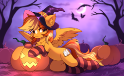 Size: 3489x2160 | Tagged: safe, alternate version, artist:airiniblock, derpibooru import, oc, oc only, oc:serenity, bat, pegasus, pony, belly, clothes, commission, ear fluff, ears, halloween, hat, high res, holiday, hut, moon, night, pegasus oc, pumpkin, rcf community, round belly, socks, solo, striped socks, tree, witch hat, ych result