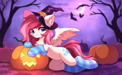Size: 3489x2160 | Tagged: safe, alternate version, artist:airiniblock, derpibooru import, oc, oc only, bat, pegasus, pony, belly, clothes, commission, ear fluff, ears, halloween, hat, high res, holiday, hut, moon, night, pegasus oc, pumpkin, rcf community, round belly, socks, solo, striped socks, tree, witch hat, ych result
