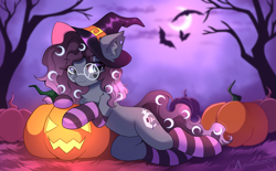 Size: 3489x2160 | Tagged: safe, alternate version, artist:airiniblock, derpibooru import, oc, oc only, bat, earth pony, pegasus, pony, belly, clothes, commission, ear fluff, ears, halloween, hat, high res, holiday, hut, moon, night, pegasus oc, pumpkin, rcf community, round belly, socks, solo, striped socks, tree, witch hat, ych result