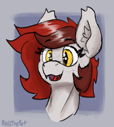 Size: 1115x1251 | Tagged: safe, artist:reddthebat, derpibooru import, oc, oc only, oc:reddthebat, bat pony, pony, bat pony oc, bust, ear fluff, ears, female, freckles, mare, open mouth, open smile, signature, smiling, solo