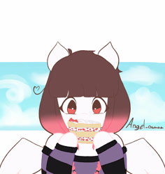 Size: 3300x3500 | Tagged: safe, artist:angel_oaaaa, derpibooru import, oc, oc:arwencuack, anthro, pegasus, unguligrade anthro, cake, clothes, female, food, heart, heart eyes, solo, wingding eyes