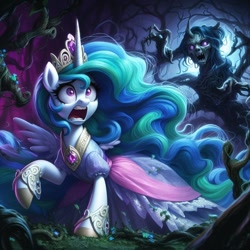 Size: 1024x1024 | Tagged: safe, ai content, derpibooru import, generator:dall-e 3, machine learning generated, princess celestia, alicorn, pony, chase, clothes, creature, crown, dark forest, dress, jewelry, looking up, monster, open mouth, prompter:montaraz13, regalia, scared, scary, screaming
