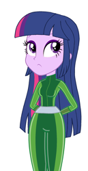 Size: 1024x1977 | Tagged: safe, artist:katnekobase, derpibooru import, twilight sparkle, human, equestria girls, arm behind back, base used, clothes, latex, latex suit, legs together, looking up, simple background, solo, totally spies, white background