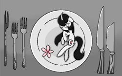 Size: 2048x1280 | Tagged: safe, artist:taoyvfei, derpibooru import, peach blossom, oc, oc:taoyvfei, pony, unicorn, curved horn, flower, food, fork, horn, knife, pixel art, plant, unicorn oc