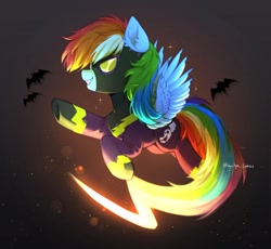 Size: 2048x1881 | Tagged: safe, artist:tyutya, derpibooru import, rainbow dash, pegasus, pony, g4, clothes, costume, female, goggles, grin, halloween, halloween costume, holiday, mare, shadowbolt dash, shadowbolts, shadowbolts costume, shadowbolts uniform, signature, smiling, solo, sparkles, spread wings, wings