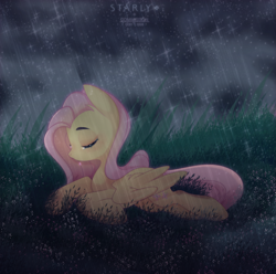 Size: 3961x3932 | Tagged: safe, artist:starllly, artist:starllly_, derpibooru import, fluttershy, pegasus, pony, g4, commission, crying, eyebrows, eyes closed, female, grass, high res, lying down, mare, outdoors, prone, rain, sad, solo, sparkles, teary eyes, wings