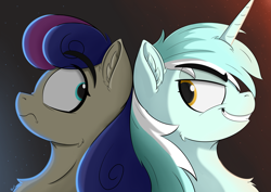 Size: 4093x2894 | Tagged: safe, artist:rapid9, derpibooru import, bon bon, lyra heartstrings, sweetie drops, earth pony, pony, unicorn, bon bon is not amused, cute, duo, duo female, ear fluff, ears, eye clipping through hair, eyebrows, eyebrows visible through hair, female, frown, gradient background, grin, high res, lesbian, lyrabetes, lyrabon, mare, shipping, smiling, sternocleidomastoid, unamused