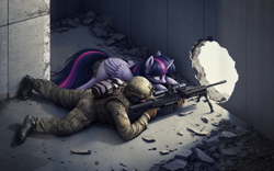 Size: 1339x837 | Tagged: safe, ai content, derpibooru import, generator:bing image creator, generator:dall-e 3, machine learning generated, twilight sparkle, twilight sparkle (alicorn), alicorn, human, pony, clothes, cute, digital art, duo, female, gun, helmet, hole, hole in the wall, human and pony, human male, male, mane, mare, military, military uniform, missing cutie mark, raised hoof, raised leg, rifle, scope, sniper, sniper rifle, soldier, tail, twilight sniper, uniform, weapon