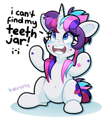 Size: 3351x3838 | Tagged: safe, artist:partypievt, derpibooru import, oc, oc only, oc:party pie, pony, unicorn, belly, belly button, crying, high res, implied grimdark, jar, looking up, ponytail, simple background, sitting, solo, speech bubble, teary eyes, text, vtuber, white background