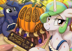 Size: 3508x2480 | Tagged: safe, artist:neoshrek, derpibooru import, princess celestia, princess luna, alicorn, pony, alternate hairstyle, apron, cake, clothes, cute, duo, female, food, looking at something, looking at you, mare, nightmare night, pumpkin, royal sisters, siblings, sisters, smiling, smiling at you, text