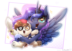 Size: 3120x2250 | Tagged: safe, artist:phoenixrk49, derpibooru import, pipsqueak, princess luna, alicorn, earth pony, pony, clothes, colt, costume, cute, duo, eyepatch, female, foal, frog (hoof), high res, holding a pony, hoofbutt, looking at you, male, mare, nightmare night costume, one eye closed, open mouth, open smile, pirate costume, signature, smiling, smiling at you, toy sword, underhoof