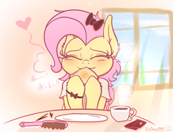 Size: 2960x2250 | Tagged: safe, artist:phoenixrk49, derpibooru import, fluttershy, pegasus, pony, blushing, bow, bread, brush, cup, cute, eating, eyes closed, female, floating heart, food, hair bow, hairbrush, heart, high res, hiragana, hoof hold, mare, shyabetes, smiling, solo, teacup, toast