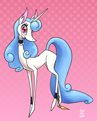 Size: 2235x2803 | Tagged: safe, artist:fishtaildraws, derpibooru import, oc, original species, pony, unicorn, choker, clothes, cute, eyelashes, female, light skin, long mane, long neck, long tail, maid, pretty, red eyes, solo, tail, thin