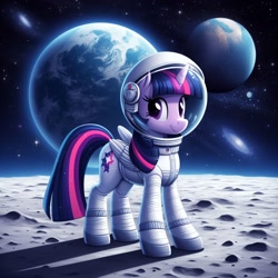 Size: 1024x1024 | Tagged: safe, ai content, derpibooru import, generator:bing image creator, generator:dall-e 3, machine learning generated, twilight sparkle, twilight sparkle (alicorn), alicorn, pony, astronaut, earth, female, folded wings, mare, moon, rock, scenery, solo, space, space helmet, spacesuit, tail, wings