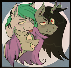 Size: 3100x3000 | Tagged: safe, artist:highrolleryt, derpibooru import, oc, oc only, pony, :p, abstract background, changeling horn, ear piercing, earring, female, horn, jewelry, mare, nose piercing, nose ring, piercing, smiling, tongue, tongue out, trio