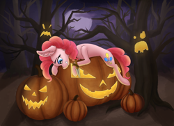 Size: 1920x1388 | Tagged: safe, artist:fess, derpibooru import, pinkie pie, earth pony, pony, ear fluff, ears, female, forest, forest background, halloween, holiday, jack-o-lantern, knife, mare, night, nightmare night, pumpkin, selling