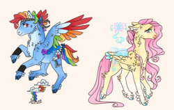 Size: 1280x811 | Tagged: safe, artist:ashmatashs, derpibooru import, fluttershy, rainbow dash, flutter pony, hybrid, pegasus, pony, alternate design, alternate hairstyle, bandana, blushing, chest fluff, cloven hooves, coat markings, colored ear fluff, colored eyebrows, colored hooves, colored muzzle, colored wings, duo, ear fluff, ears, facial markings, feathered fetlocks, female, floppy ears, flying, folded wings, hybrid wings, looking back, mare, mealy mouth (coat marking), multicolored wings, pale belly, rainbow wings, simple background, socks (coat marking), species swap, spread wings, tail, tail feathers, transparent wings, walking, white background, wings