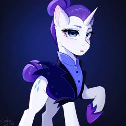 Size: 2048x2048 | Tagged: safe, artist:xiaowu07, derpibooru import, rarity, earth pony, pony, unicorn, alternate hairstyle, alternate timeline, clothes, dark background, eyeshadow, female, looking at you, makeup, mare, night maid rarity, nightmare takeover timeline, raised hoof, raised leg, signature, solo