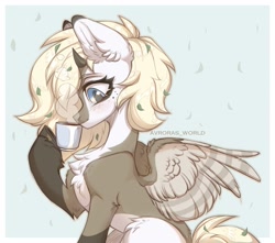 Size: 3400x3000 | Tagged: safe, artist:avroras_world, derpibooru import, oc, oc only, hybrid, pegasus, abstract background, chest fluff, cup, cute, drink, drinking, ear fluff, ears, food, freckles, horns, solo, steam, tea