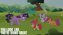 Size: 1280x719 | Tagged: safe, derpibooru import, edit, edited screencap, editor:quoterific, screencap, apple bloom, scootaloo, sweetie belle, twilight sparkle, lesson zero, cutie mark crusaders, messy hair, messy mane, messy tail, tail, twilight snapple