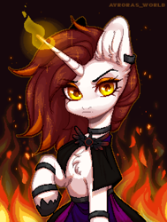 Size: 1250x1650 | Tagged: safe, artist:avroras_world, derpibooru import, oc, oc only, pony, unicorn, bracelet, cape, chest fluff, choker, clothes, ear fluff, ear piercing, earring, ears, female, fire, glowing, glowing horn, horn, jewelry, magic, mare, piercing, pixel art