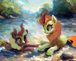 Size: 1534x1238 | Tagged: safe, artist:yidwags, derpibooru import, autumn blaze, cinder glow, summer flare, kirin, duo, female, looking at each other, looking at someone, lying down, painterly, painting, river, smiling, tree, water