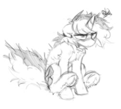 Size: 1371x1240 | Tagged: safe, artist:flixanoa, derpibooru import, oc, oc only, oc:fef, pony, unicorn, chest fluff, ear gauges, ears, floppy ears, fluffy, grumpy, male, messy mane, messy sketch, simple background, sitting, sketch, solo, split hair, stallion, underhoof, white background