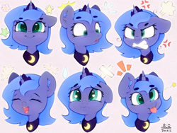 Size: 4000x3000 | Tagged: safe, artist:zokkili, derpibooru import, princess luna, alicorn, pony, g4, angry, beanbrows, cross-popping veins, crying, cute, ear fluff, ears, emanata, eyebrows, eyebrows visible through hair, eyes closed, facial expressions, female, filly, foal, gritted teeth, happy, high res, horn, looking at you, lunabetes, madorable, open mouth, open smile, pink background, plewds, sad, sadorable, signature, silly, simple background, smiling, smiling at you, solo, sweat, sweatdrops, teary eyes, teeth, tongue, tongue out, woona, younger