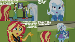 Size: 1280x719 | Tagged: safe, derpibooru import, edit, edited screencap, editor:quoterific, screencap, scott green, sophisticata, sunset shimmer, trixie, wiz kid, better together, equestria girls, forgotten friendship, lockers