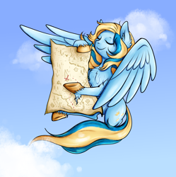 Size: 3990x4000 | Tagged: safe, artist:coco-drillo, derpibooru import, oc, oc only, oc:aurela, pony, unicorn, chest fluff, cloud, ear fluff, ears, flying, hoof fluff, map, mascot, simple background, sky, smiling, smug, solo, spread wings, unshorn fetlocks, wings