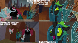 Size: 1280x719 | Tagged: safe, derpibooru import, edit, edited screencap, editor:quoterific, screencap, cozy glow, lord tirek, queen chrysalis, alicorn, the ending of the end, alicornified, bell, cozycorn, grogar's bell, race swap, ultimate chrysalis