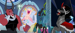 Size: 1421x637 | Tagged: safe, derpibooru import, edit, screencap, cozy glow, king sombra, lord tirek, queen chrysalis, alicorn, centaur, changeling, changeling queen, unicorn, the beginning of the end, the ending of the end, alicornified, antagonist, bell, cackling, cozycorn, cropped, evil laugh, grogar's bell, laughing, legion of doom, mean three, race swap, ultimate chrysalis