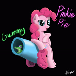 Size: 3150x3150 | Tagged: safe, artist:alorpax, derpibooru import, gummy, pinkie pie, alligator, earth pony, pony, bipedal, party cannon