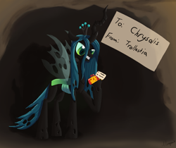 Size: 1649x1387 | Tagged: safe, artist:alorpax, derpibooru import, queen chrysalis, changeling, changeling queen, angry, cheese, cheeselegs, food, gritted teeth, implied princess celestia, present, solo, teeth, trollestia